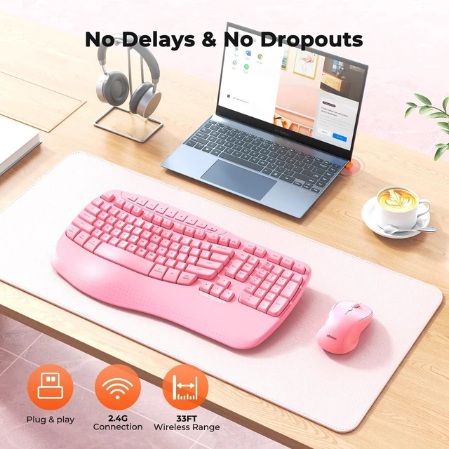 Alt view image 10 of 10 - MEETION Ergonomic Keyboard and Mouse Wireless, Wave Keys Natural Typing, 2.4G Wireless Keyboard with Wrist Rest, 4 Adjustable DPIs Mouse, Computer/Laptop/Windows/Mac, Pink