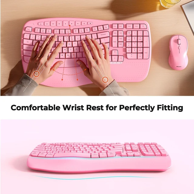 Alt view image 8 of 10 - MEETION Ergonomic Keyboard and Mouse Wireless, Wave Keys Natural Typing, 2.4G Wireless Keyboard with Wrist Rest, 4 Adjustable DPIs Mouse, Computer/Laptop/Windows/Mac, Pink