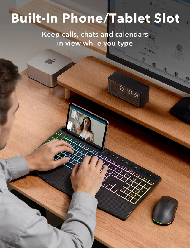 Alt view image 14 of 14 - Wireless Keyboard and Mouse Combo - 4000mAh Rechargeable Backlit Keyboard with Wrist Rest & Phone Holder, Full Size Quiet Typing 2.4G USB-A/Type-C for PC, Laptop, Windows, Mac