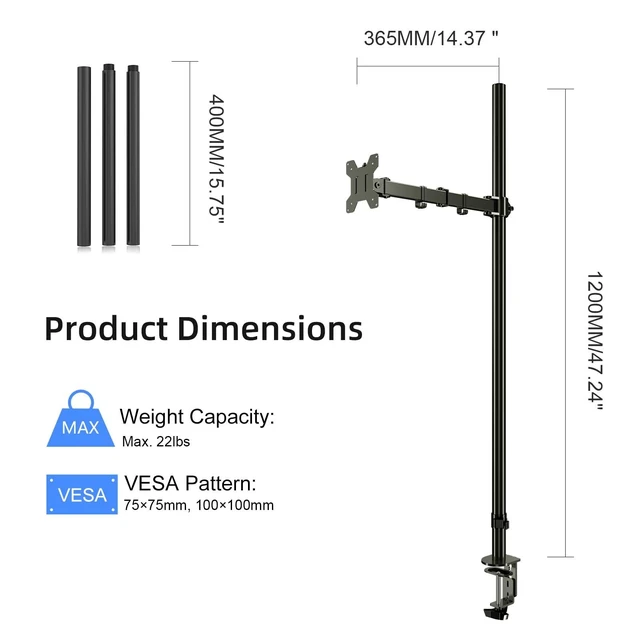 Alt view image 10 of 10 - Pholiten Extra Tall Single Monitor Desk Mount Stand with 47 inch Pole for 13 to 27 inch Screens,Fully Adjustable Monitor Arm Mount for Desk, Holds up to 22lbs