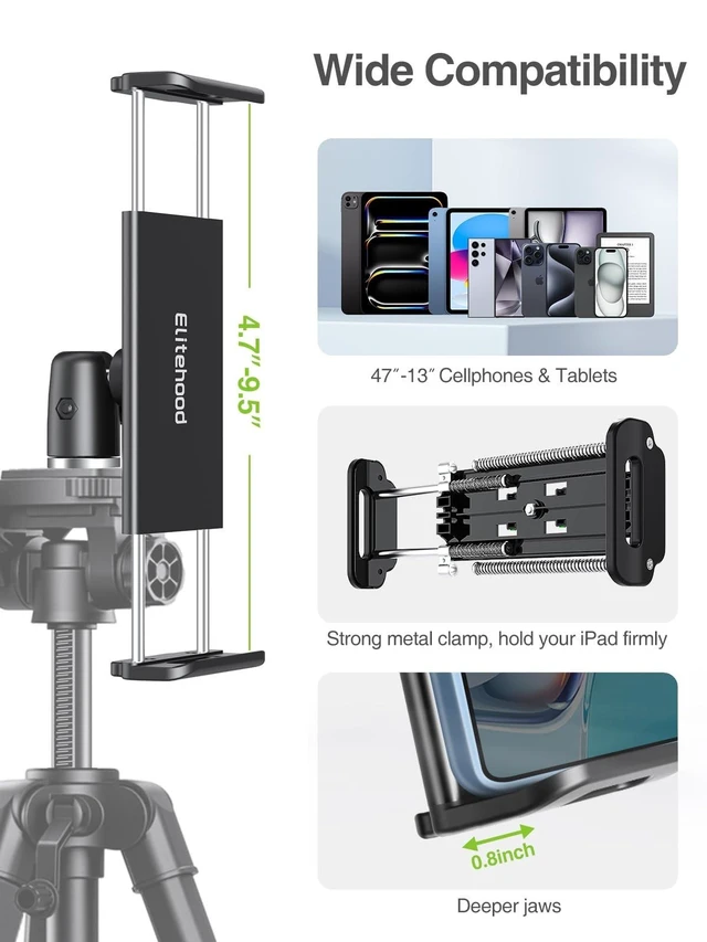 Alt view image 9 of 10 - Elitehood 68" Heavy Duty iPad Tripod, Ultra-Stable Camera Tripod for iPad Pro 12.9, iPad Stand Mount for Video Recording/Photography, Compatible with 4.7-13inch Tablet/iPad Pro/Webcam/DSLR