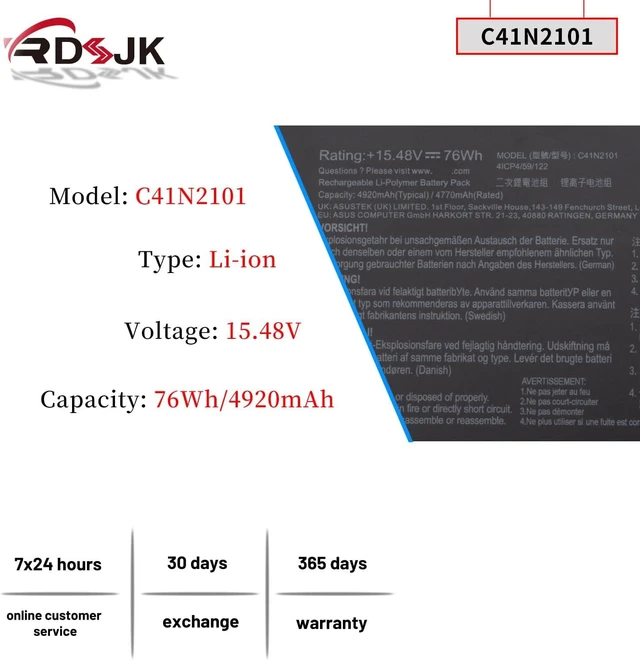 Alt view image 9 of 14 - C41N2101 Laptop Battery for ASUS ROG Zephyrus G14 GA402 GA402R GA402N GA402X TUF Dash F15 FX517 FX517Z VivoBook Pro 15X OLED K6501ZM M6501RR ZenBook Pro 14 Duo OLED UM6702RA UM6702RC UX8402ZA UX8402VV