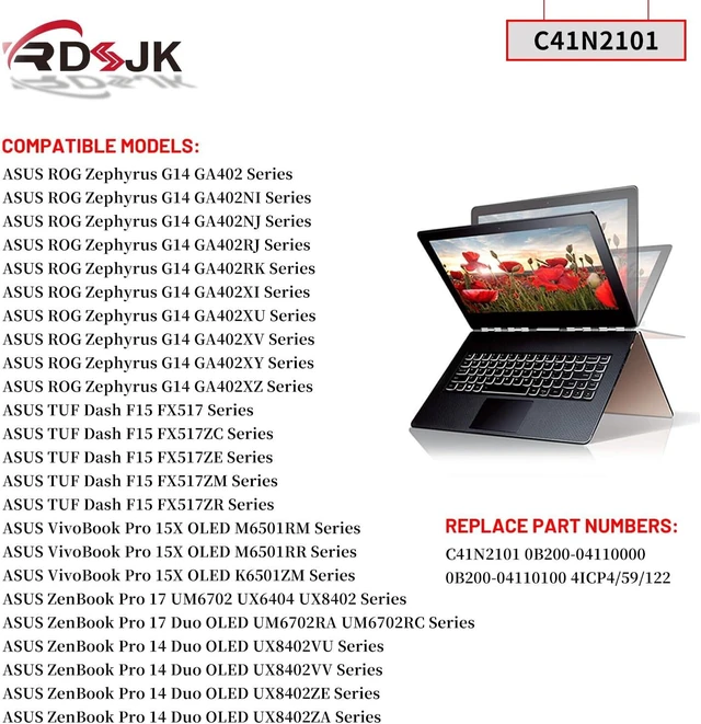 Alt view image 10 of 14 - C41N2101 Laptop Battery for ASUS ROG Zephyrus G14 GA402 GA402R GA402N GA402X TUF Dash F15 FX517 FX517Z VivoBook Pro 15X OLED K6501ZM M6501RR ZenBook Pro 14 Duo OLED UM6702RA UM6702RC UX8402ZA UX8402VV