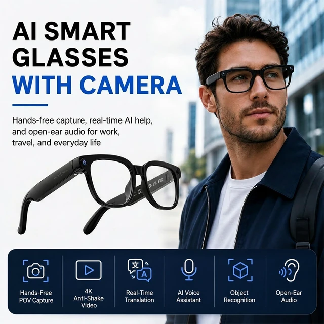 Alt view image 9 of 14 - AI Smart Glasses with Camera, 4K Anti-Shake Video & Photo Capture. | Real-Time Translation, Object Recognition, AI Assistant, Open-Ear Audio, Smart Glasses with Camera and Bluetooth, Black