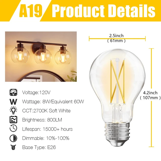 Alt view image 8 of 12 - 12 Pack A19 Vintage LED Edison Bulbs, 60W Equivalent, Dimmable, High Brightness 2700K Warm White, 800 Lumens, 8W E26 Standard Base, CRI80+, Clear Glass Filament Bulb for Living Room
