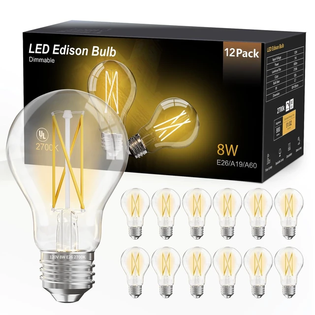 Alt view image 7 of 12 - 12 Pack A19 Vintage LED Edison Bulbs, 60W Equivalent, Dimmable, High Brightness 2700K Warm White, 800 Lumens, 8W E26 Standard Base, CRI80+, Clear Glass Filament Bulb for Living Room