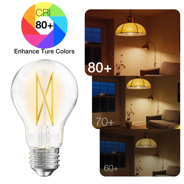 Alt view image 9 of 12 - 12 Pack A19 Vintage LED Edison Bulbs, 60W Equivalent, Dimmable, High Brightness 2700K Warm White, 800 Lumens, 8W E26 Standard Base, CRI80+, Clear Glass Filament Bulb for Living Room