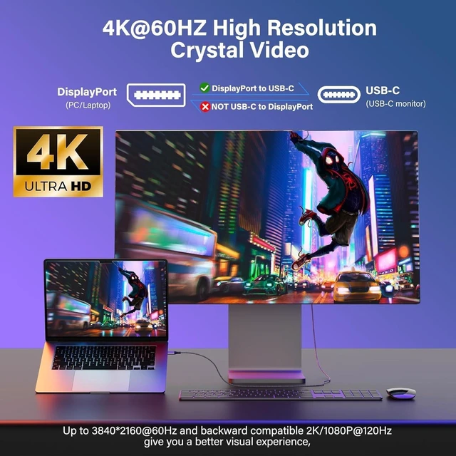 Alt view image 9 of 10 - Elecan Uni-Directional DisplayPort to USB-C Adapter Cable 15 Ft 4K@60Hz 2K 1080P, No USB Power Needed, Display Port DP Converter for Touch,iPad,Mac,Portable Monitor,VR/XR/AR+Ties-NOT USB C to DP