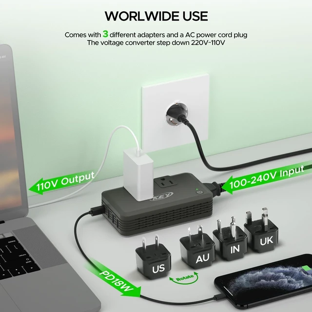 Alt view image 10 of 10 - Key Power 220V to 110V Voltage Converter, 230W Step Down International Power Converter Adapter Combo with UK/AU/US/EU Travel Adapter.