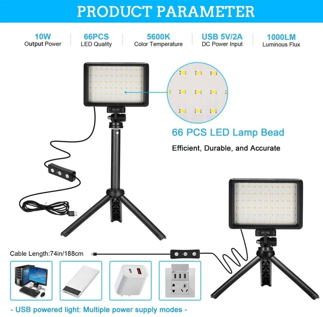 Alt view image 10 of 14 - LED Video Light 2-Pack, 5600K Dimmable USB Photo Lights with Mini Tripod and Colored Filters for Photo Studios, Small Angle Shooting, Video Recording, Game Streaming