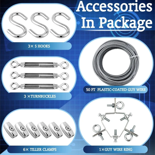 Alt view image 7 of 10 - Threlaco Guy Wire Kit for Mast Galvanized Steel Adjustable 3 Way Down Heavy Duty Guy Wire Kit Ring for up to 2-1/4 Antenna Reduces Tower Vibration in Windy Locations 50ft