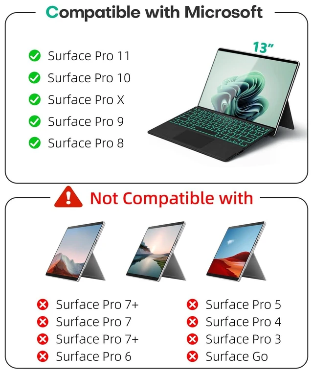 Alt view image 7 of 10 - Surface Pro Bluetooth Keyboard for Microsoft Surface Pro 11/10/9/8/X 13", 7 Color Backlits Wireless Type Cover with Multi-Touch Trackpad & Pen Holder, Magnetic USB-C Rechargeable Slim K