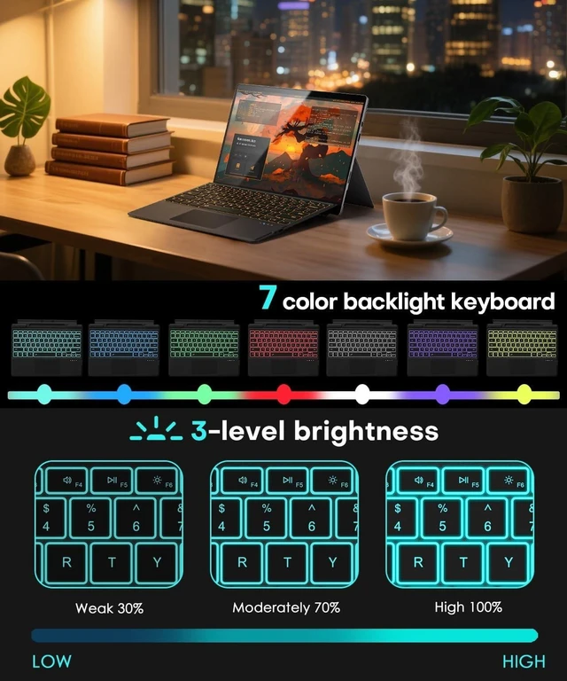 Alt view image 8 of 10 - Surface Pro Bluetooth Keyboard for Microsoft Surface Pro 11/10/9/8/X 13", 7 Color Backlits Wireless Type Cover with Multi-Touch Trackpad & Pen Holder, Magnetic USB-C Rechargeable Slim K