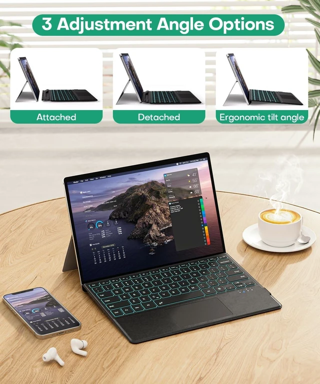 Alt view image 9 of 10 - Surface Pro Bluetooth Keyboard for Microsoft Surface Pro 11/10/9/8/X 13", 7 Color Backlits Wireless Type Cover with Multi-Touch Trackpad & Pen Holder, Magnetic USB-C Rechargeable Slim K