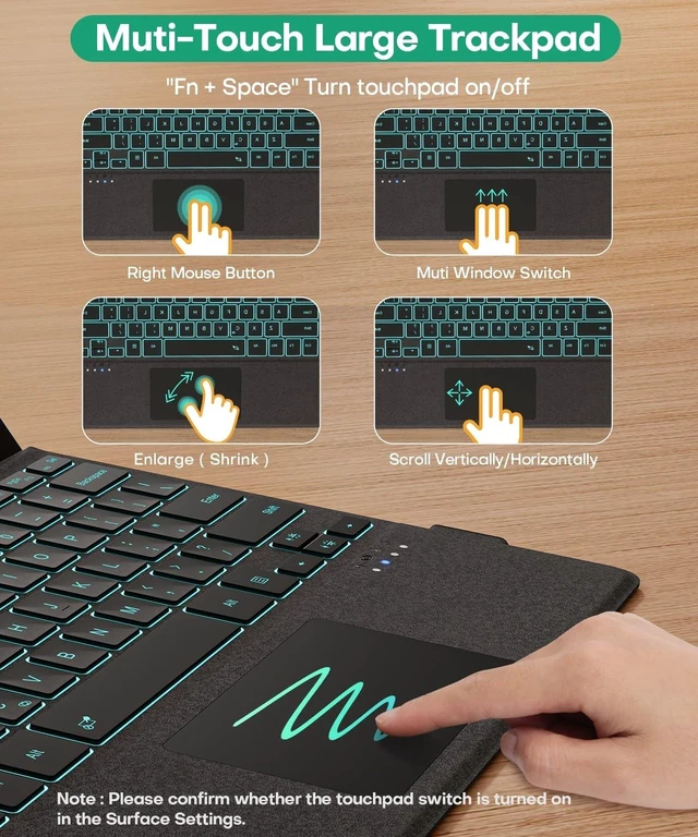 Alt view image 10 of 10 - Surface Pro Bluetooth Keyboard for Microsoft Surface Pro 11/10/9/8/X 13", 7 Color Backlits Wireless Type Cover with Multi-Touch Trackpad & Pen Holder, Magnetic USB-C Rechargeable Slim K