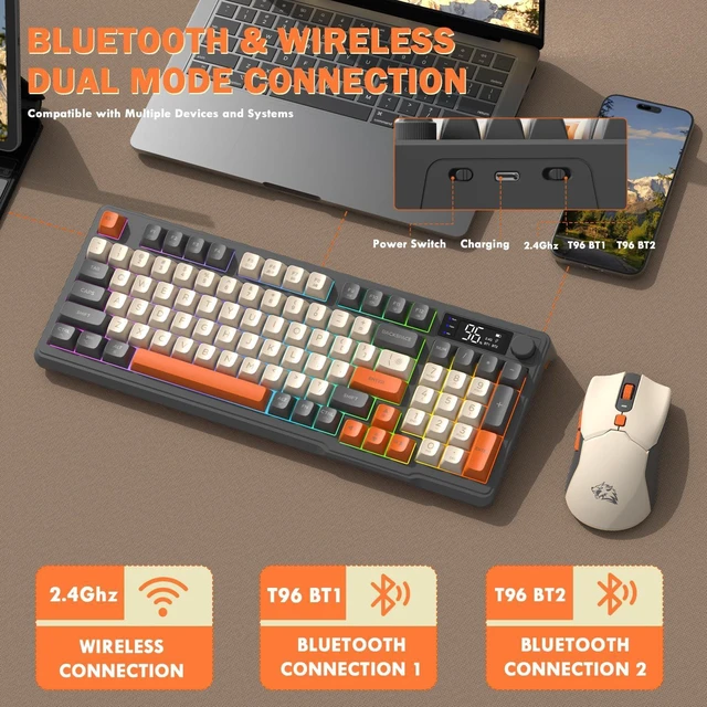 Alt view image 10 of 14 - Wireless Gaming Keyboard and Mouse Combo,Dual Bluetooth//2.4G RGB Backlit Mechanical Feeling Keyboard with Smart Display & Knob,4000 DPI Gaming Mouse for PC Laptop Mac Wins-Shimmer