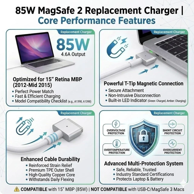 Alt view image 10 of 10 - UL Certified 85W MacBook Pro Charger Replacement, MagSafe 2 T-Tip Power Adapter Compatible with MacBook Pro 15 Inch Retina Display (Late 2012, 2013, 2014, Mid 2015), Fit for A1398, A1424