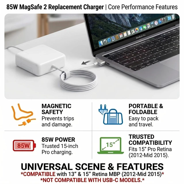 Alt view image 9 of 10 - UL Certified 85W MacBook Pro Charger Replacement, MagSafe 2 T-Tip Power Adapter Compatible with MacBook Pro 15 Inch Retina Display (Late 2012, 2013, 2014, Mid 2015), Fit for A1398, A1424