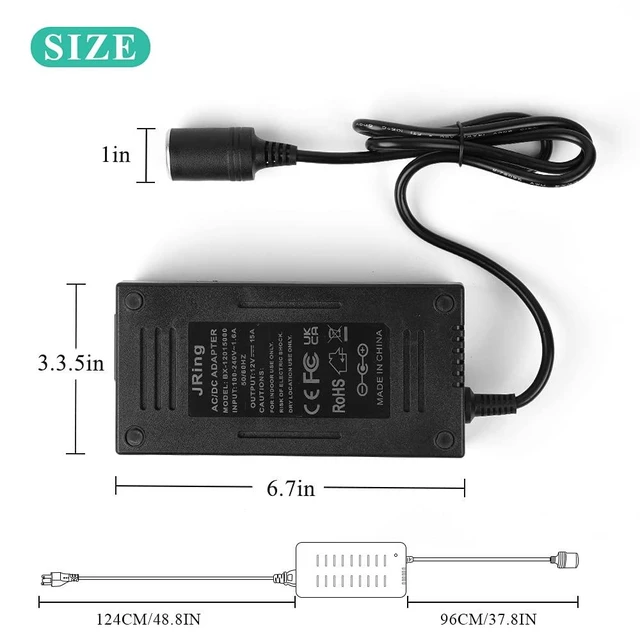 Alt view image 9 of 14 - AC to DC Converter, JRing 110-220V to 12V 15A 180W Car Cigarette Lighter Socket Power Adapter for Car Refrigerator Car Vacuum Tire Inflator and Other Car Devices