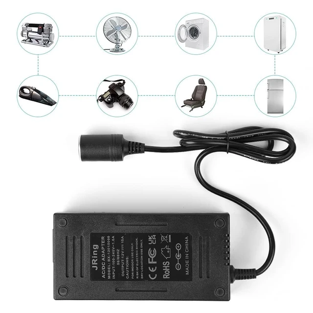 Alt view image 12 of 14 - AC to DC Converter, JRing 110-220V to 12V 15A 180W Car Cigarette Lighter Socket Power Adapter for Car Refrigerator Car Vacuum Tire Inflator and Other Car Devices