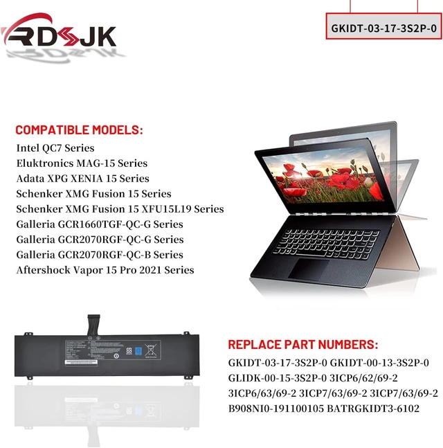 Alt view image 10 of 14 - GKIDT-03-17-3S2P-0 GKIDT-00-13-3S2P-0 Laptop Battery for Intel QC7 Adata XPG Xenia 15 Schenker XMG Fusion 15 XFU15L19 Eluktronics MAG-15 Aftershock Vapor 15 Pro 2021 GLIDK-00-15-3S2P-0 11.4V 93.48Wh