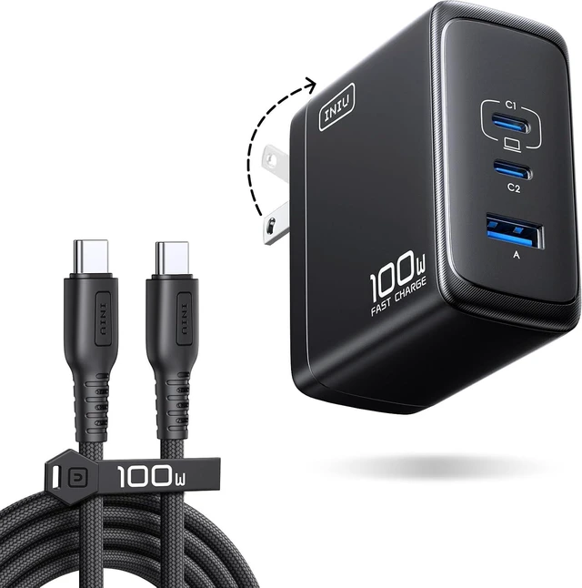Alt view image 8 of 14 - INIU 100W GaN USB C Charger, 3-Port Compact Fast Charging Block with 5ft 100W USB C Cable, Foldable Travel Laptop Charger for MacBook Pro Air 15 14, iPhone 17 16 Pro Max Samsung S26 S25 Dell etc Black