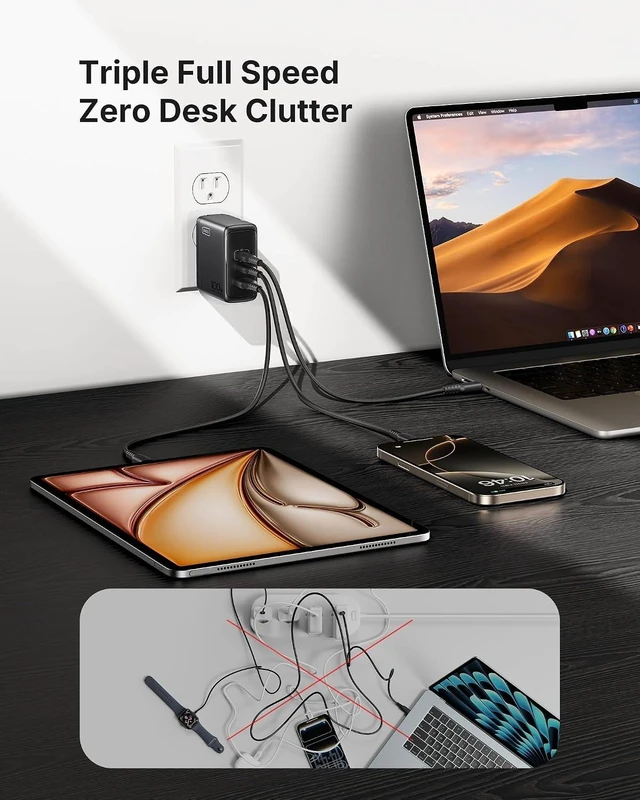 Alt view image 9 of 14 - INIU 100W GaN USB C Charger, 3-Port Compact Fast Charging Block with 5ft 100W USB C Cable, Foldable Travel Laptop Charger for MacBook Pro Air 15 14, iPhone 17 16 Pro Max Samsung S26 S25 Dell etc Black