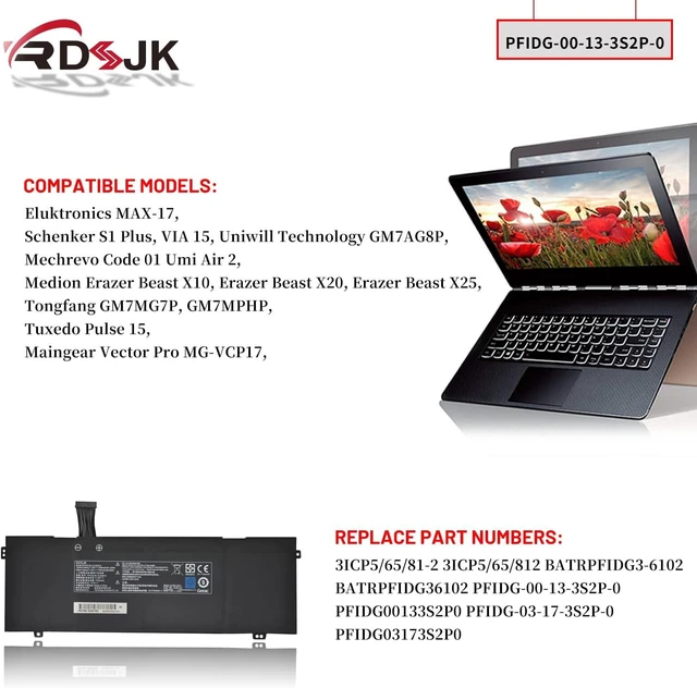 Alt view image 10 of 14 - PFIDG-00-13-3S2P-0 PFIDG-03-17-3S2P-0 Laptop Battery for Eluktronics MAX-17 Schenker S1 Plus VIA 15 Mechrevo Code 01 Umi Air2 Medion Erazer Beast X10 X20 X25 Tuxedo Pulse 15 GM7MG7P 11.55V 91.24Wh