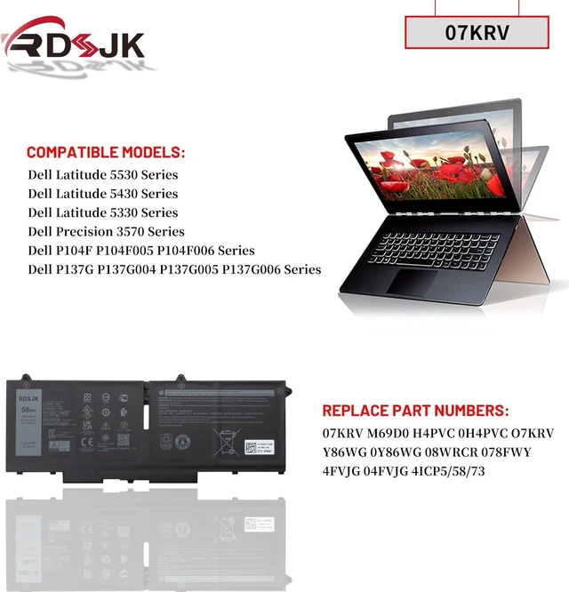Alt view image 10 of 14 - 07KRV 58Wh Laptop Battery for Dell Latitude 7530 7430 5530 5430 5330 Precison 3570 P104F005 P104F006 P137G004 P137G005 P137G006 H4PVC 0H4PVC Y86WG 0Y86WG 8WRCR 08WRCR 78FWY 078FWY 04FVJG 15.2V 3625mAh