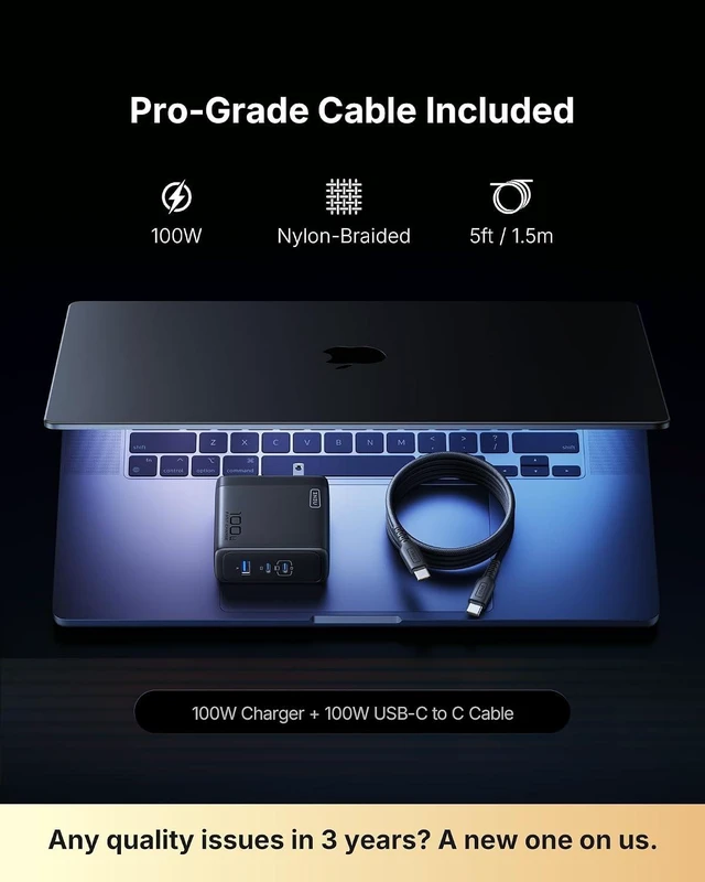 Alt view image 12 of 14 - INIU 100W GaN USB C Charger, 3-Port Compact Fast Charging Block with 5ft 100W USB C Cable, Foldable Travel Laptop Charger for MacBook Pro Air 15 14, iPhone 17 16 Pro Max Samsung S26 S25 Dell etc Black