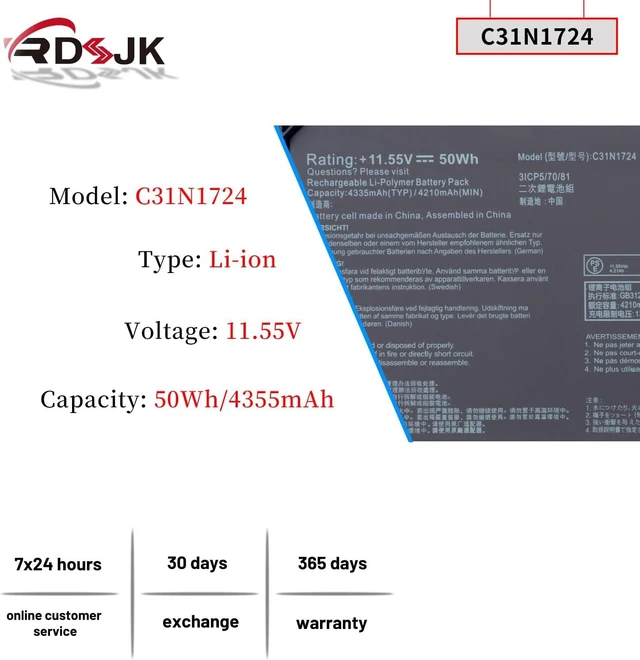 Alt view image 9 of 14 - C31N1724 Laptop Battery for Asus ZenBook 13 U3100 U3100FA U3100FAL UX331 UX331F UX331FA UX331FAL UX331U UX331UA UX331UAL UX331UN UX331FA-A3071T UX331FAL-EG013T UX331UN-WS51T 0B200-02760400 11.55V 50Wh