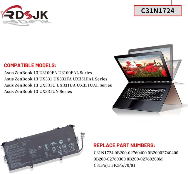 Alt view image 10 of 14 - C31N1724 Laptop Battery for Asus ZenBook 13 U3100 U3100FA U3100FAL UX331 UX331F UX331FA UX331FAL UX331U UX331UA UX331UAL UX331UN UX331FA-A3071T UX331FAL-EG013T UX331UN-WS51T 0B200-02760400 11.55V 50Wh