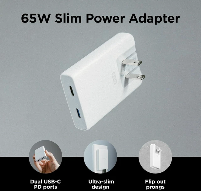 Alt view image 9 of 14 - Nomad Slim Power Adapter, Flat Wall Charger with Dual USB C Cable Ports, Slim Block with Fast Charge Ports, Charger Block Flat USB C Plug (White 65W)
