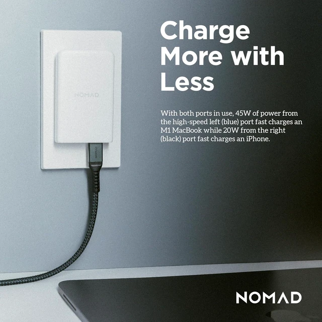 Alt view image 10 of 14 - Nomad Slim Power Adapter, Flat Wall Charger with Dual USB C Cable Ports, Slim Block with Fast Charge Ports, Charger Block Flat USB C Plug (White 65W)
