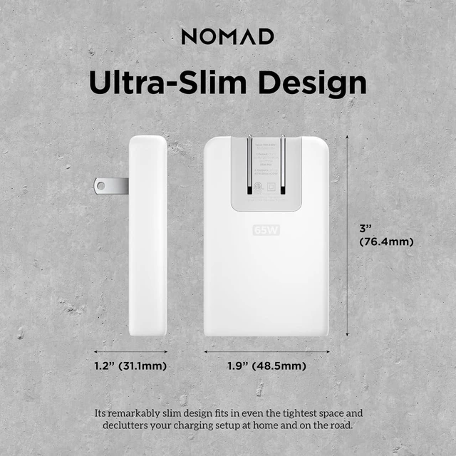 Alt view image 14 of 14 - Nomad Slim Power Adapter, Flat Wall Charger with Dual USB C Cable Ports, Slim Block with Fast Charge Ports, Charger Block Flat USB C Plug (White 65W)