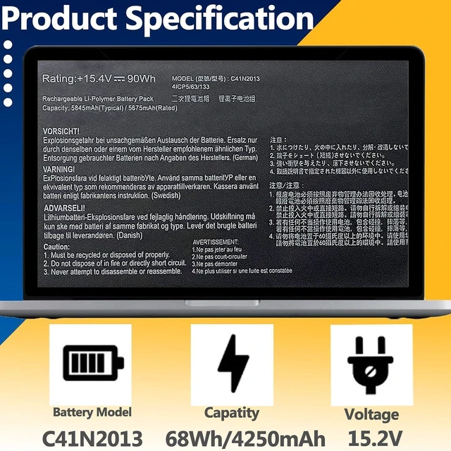 Alt view image 9 of 14 - C41N2013 C41N2013-1 90Wh Battery Replacement for Asus Rog Zephyrus M16 GU603HR S17 GX703HSD G15 GA503QS Strix Scar 17 G733ZW 15 G513QY Rog Strix G17 RTX 3070 G713 G15 Series 15.4V 5845
