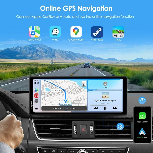 Alt view image 9 of 10 - CARPURIDE 10.26 Inch Wireless/Wired Apple CarPlay, Android Auto and Mirror Link - 1600 * 600 IPS Touch Screen Portable Car Stereo, Bluetooth Audio, Siri, Navigation Car Screen for All Vehicles