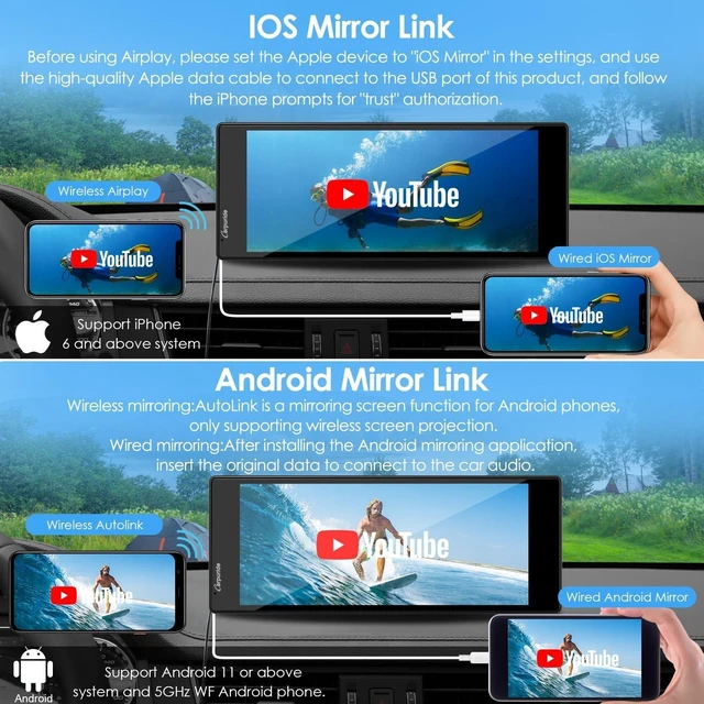 Alt view image 8 of 10 - CARPURIDE 10.26 Inch Wireless/Wired Apple CarPlay, Android Auto and Mirror Link - 1600 * 600 IPS Touch Screen Portable Car Stereo, Bluetooth Audio, Siri, Navigation Car Screen for All Vehicles