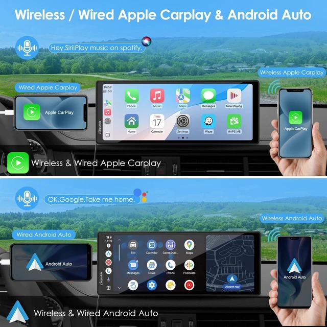 Alt view image 7 of 10 - CARPURIDE 10.26 Inch Wireless/Wired Apple CarPlay, Android Auto and Mirror Link - 1600 * 600 IPS Touch Screen Portable Car Stereo, Bluetooth Audio, Siri, Navigation Car Screen for All Vehicles