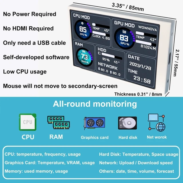 Alt view image 8 of 10 - WOWNOVA White 3.5in Computer Temp Monitor, ARGB PC Case Secondary Screen, USB Mini Screen, IPS Display for CPU, RAM, HDD Data Monitor