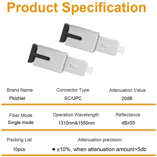 Alt view image 10 of 10 - PklzNet 10PCS 20dB SC-UPC Fiber Optical attenuators Single Mode, Male to Female singal Attenuation Connector Fixed Direct Insert Adapter
