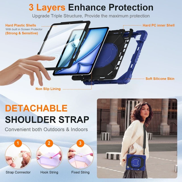 Alt view image 7 of 10 - Case for iPad Air 13 Inch Case M4 2026/M3 2025/ M2 2024, Auorld for iPad Air 13 Inch Case M4 2026 Case with Screen Protector, 360 Degree Rotating Stand Shoulder Strap Pencil Holder, Navy Black