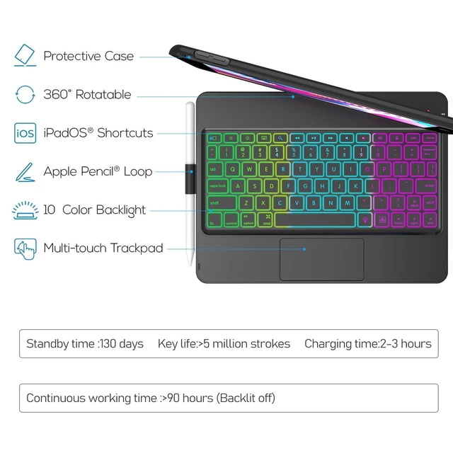 Alt view image 8 of 10 - HOTLIFE Keyboard Case for iPad 10.2 9th/8th/7th Gen,Touch Keyboard for iPads 9th Generation/8th Gen/7th Gen-360 Rotatable Protective Cover-iPad Keyboard 9th/8th/7th Gen with Pencil Holder