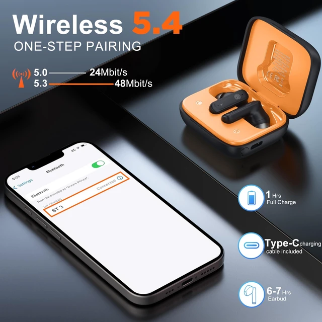 Alt view image 8 of 10 - THREE PEACHES Wireless Earbuds Bluetooth 5.4 Headphones, Touch Screen, Call ENC Noise Cancelling, USB Charging Case for iPhone/Android, Black