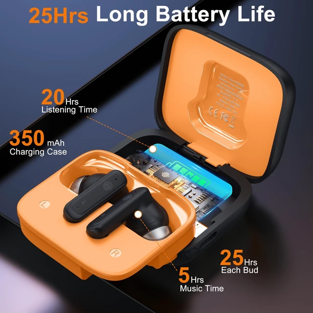 Alt view image 7 of 10 - THREE PEACHES Wireless Earbuds Bluetooth 5.4 Headphones, Touch Screen, Call ENC Noise Cancelling, USB Charging Case for iPhone/Android, Black