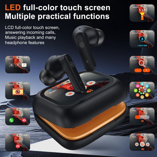 Alt view image 10 of 10 - THREE PEACHES Wireless Earbuds Bluetooth 5.4 Headphones, Touch Screen, Call ENC Noise Cancelling, USB Charging Case for iPhone/Android, Black