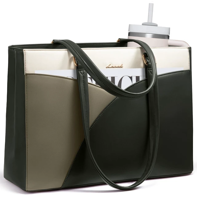 Alt view image 6 of 10 - LOVEVOOK Laptop Bag for Women,15.6 Inch Work Teacher Bags Leather Tote Bag Briefcase Waterproof Computer Bag for WomenWhite and Green