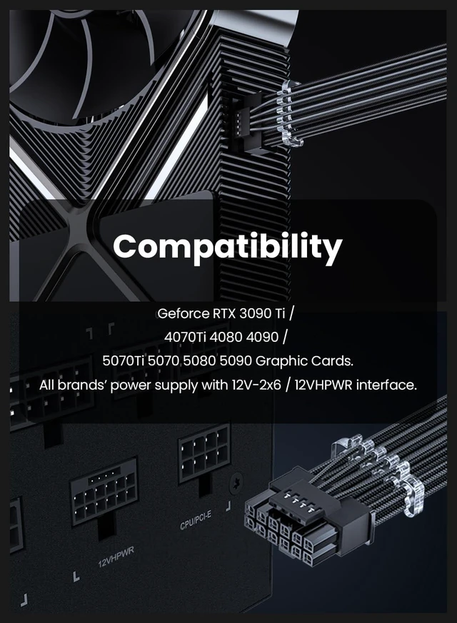 Alt view image 10 of 10 - Fasgear PCIe 5.1 16Pin GPU Power Cable - 70cm 12V-2x6 PSU Sleeved Cable 600W Male to Male 12VHPWR for Geforce RTX 5090 5080 5070ti 3090Ti 4070 Ti 4080 4090 5070 to ATX 3.1 Modular PSU (Black)