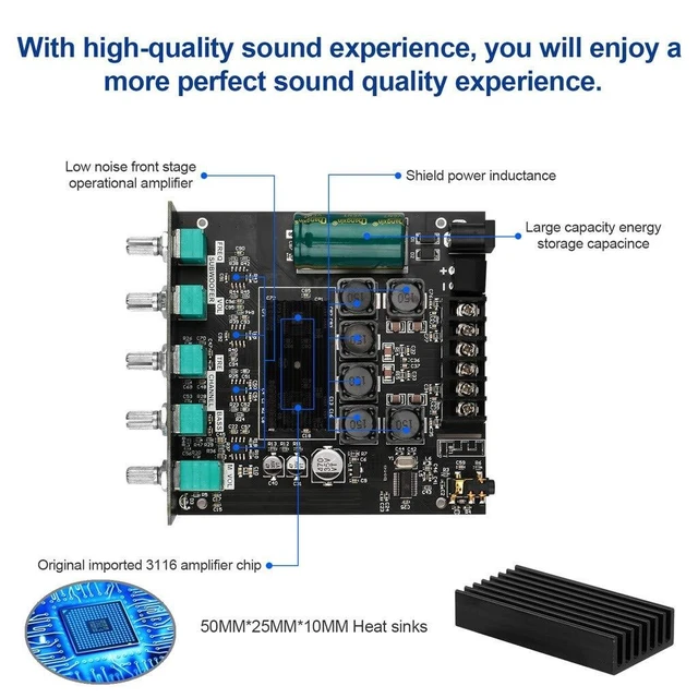Alt view image 8 of 10 - Bluetooth Audio Amplifier Board, ZK-TB21 2.1CH 50W x 2 +100W Subwoofer Power Amp with Treble and Bass Control, Bluetooth5.0 and AUX Inputs, Stereo Digital AMP for DIY Home Speakers