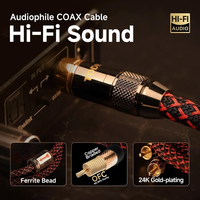 Alt view image 7 of 10 - TODN Audiophile Digital Coaxial Cable OFC Core HiFi SPDIF Coax Audio Cable 75-Ohm RCA Male to Male for Subwoofer, TV, Apm (4.9ft /1.5m)